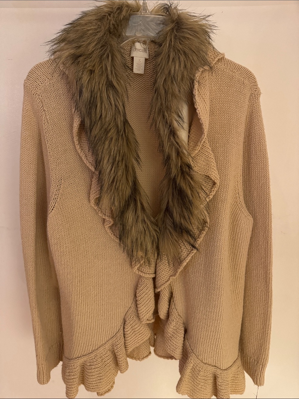 INC International Concepts Tan Ruffle Cardigan with Faux-Fur Trim